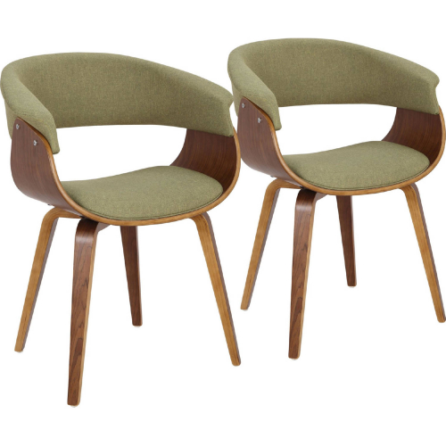 Vintage Mod Dining Accent Chair in Walnut Wood & Green Fabric (Set of 2)